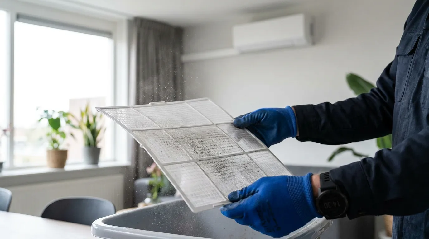 Monteur reinigt airco filter tijdens onderhoudsbeurt
