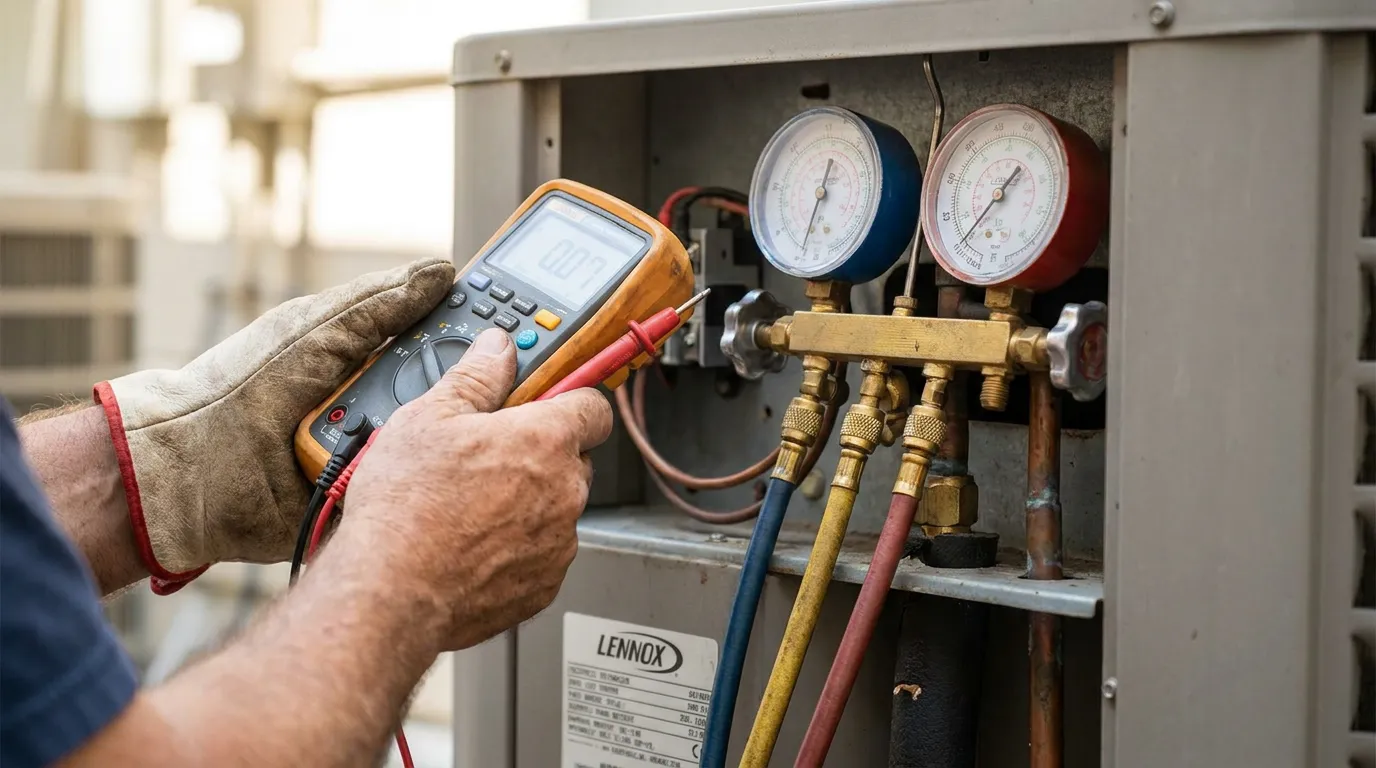 Monteur diagnose airco met multimeter en drukmeter