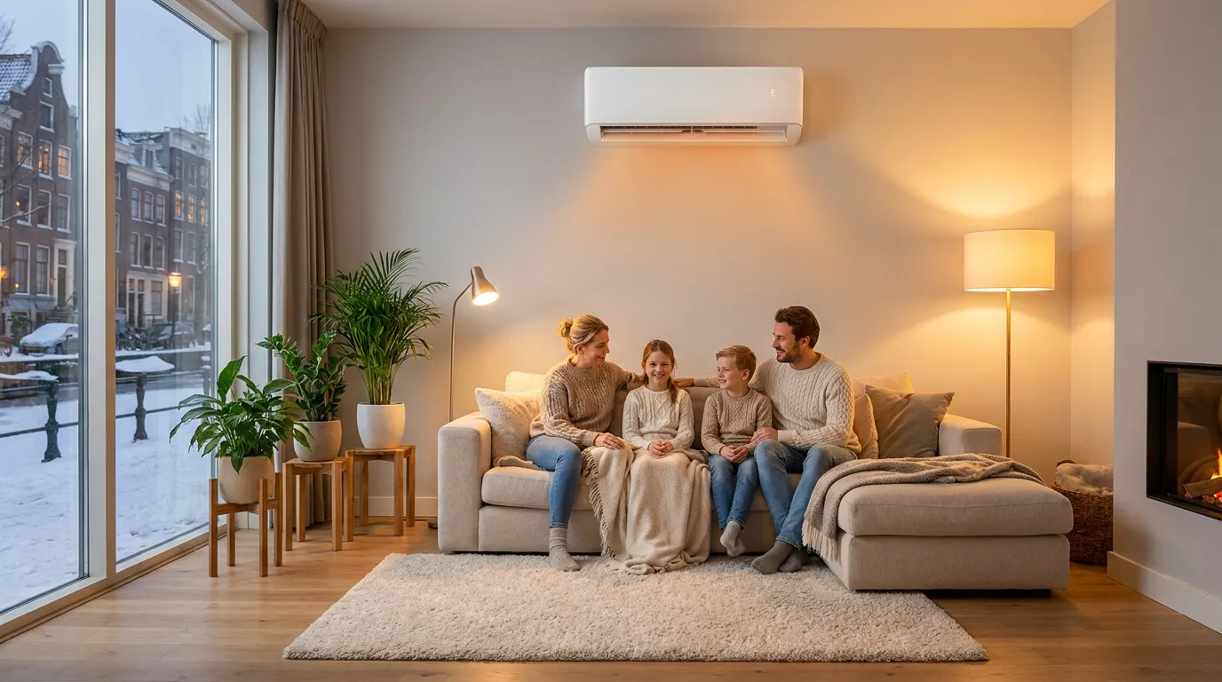 Gezellige warme woonkamer in winter met airco als verwarming